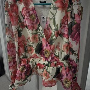 NWT - Express Floral Wrap Top - Pink and Green - Sz. Small
